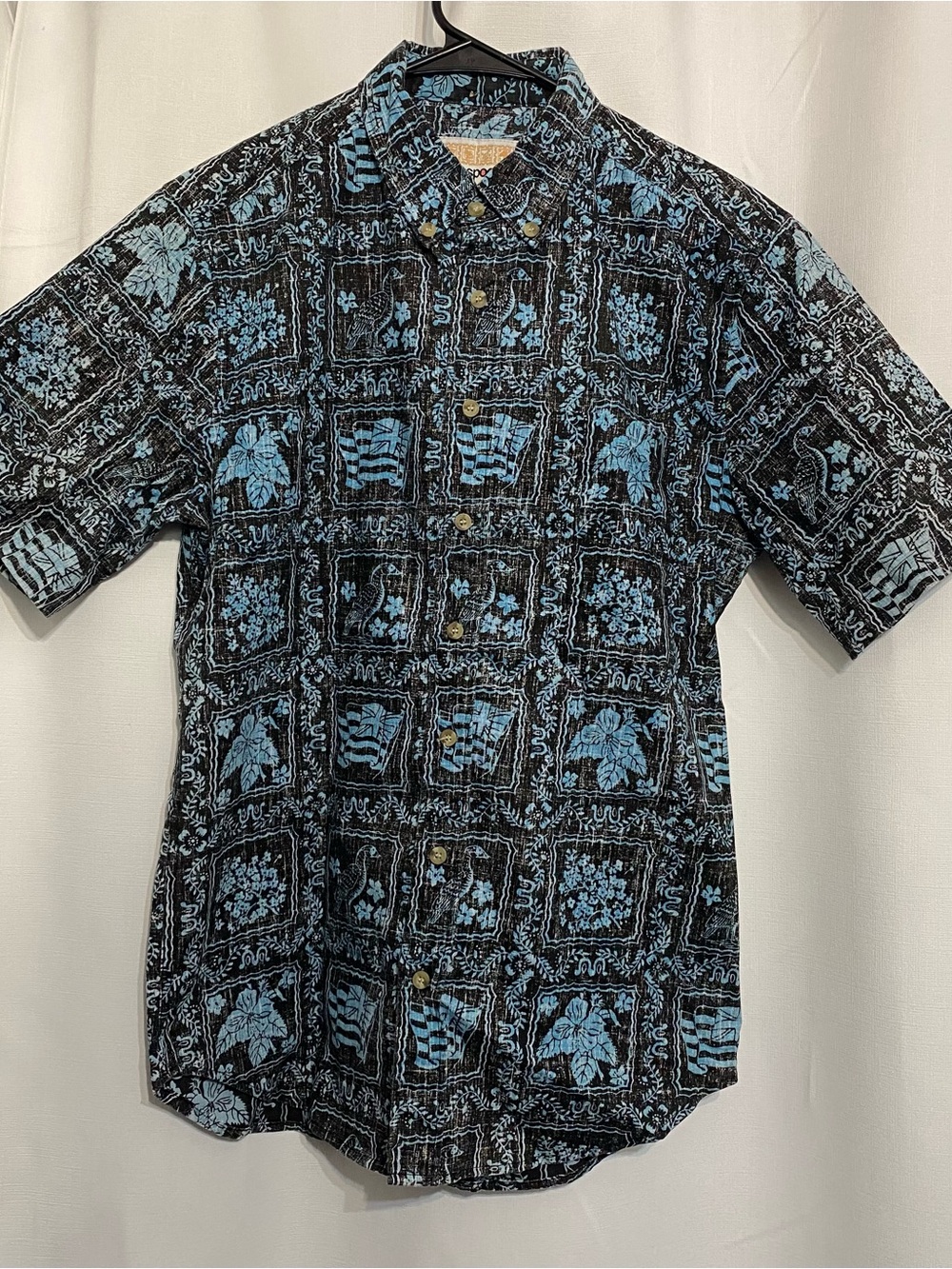 VTG Reyn Spooner Mens Shirt Hawaiian Flag Nene Floral Blue Small Reverse Print